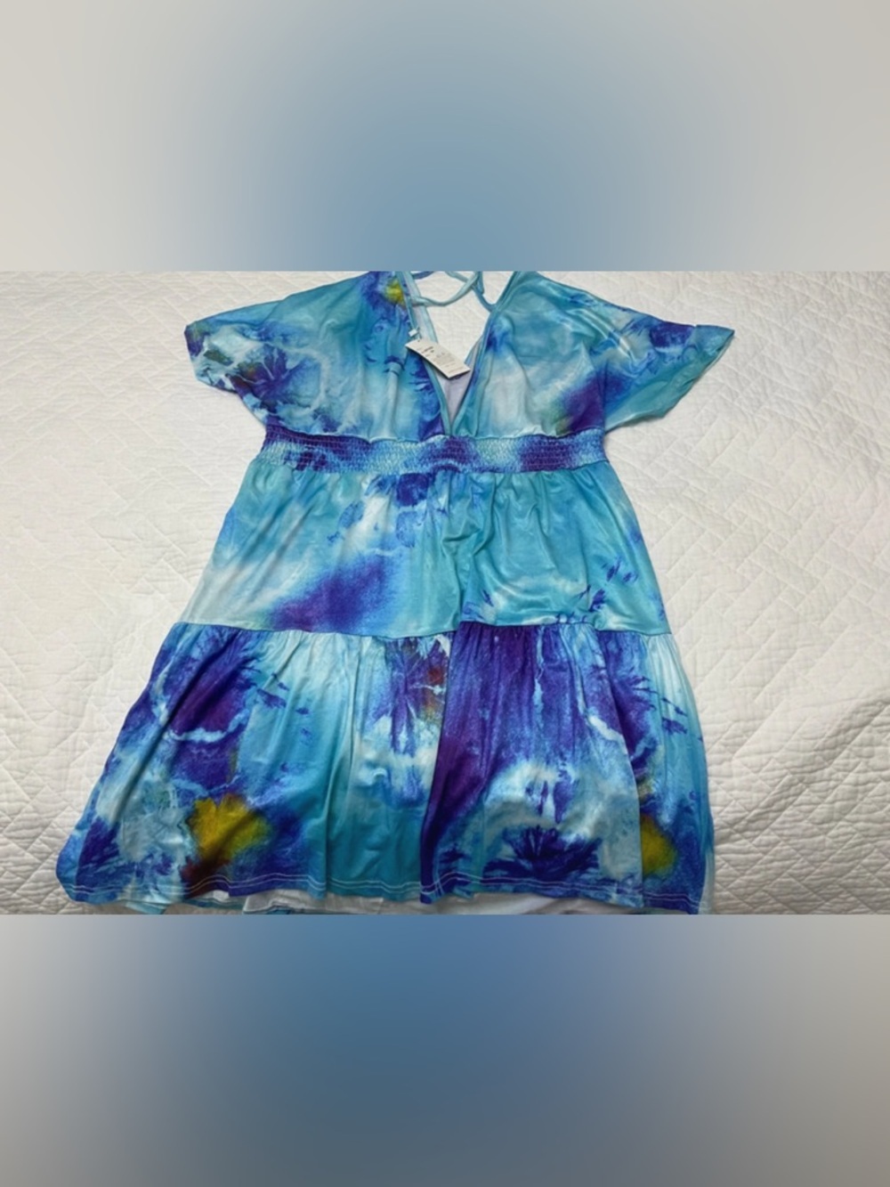 NWT- Large  Blue Tie-Dye Tiered Summer Dress whimsical tie-dyed pattern